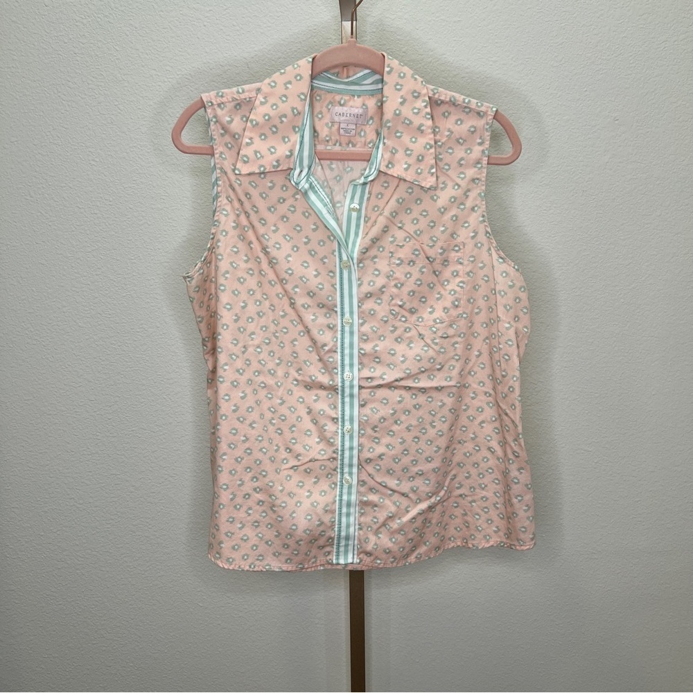 Cabernet women’s sleeveless button down shirt Peach & mint Large